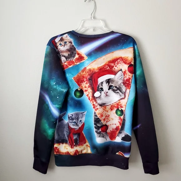 Cats & Pizza Blue Christmas Holiday Sweatshirt, Size Medium/ Large - Picture 10 of 12